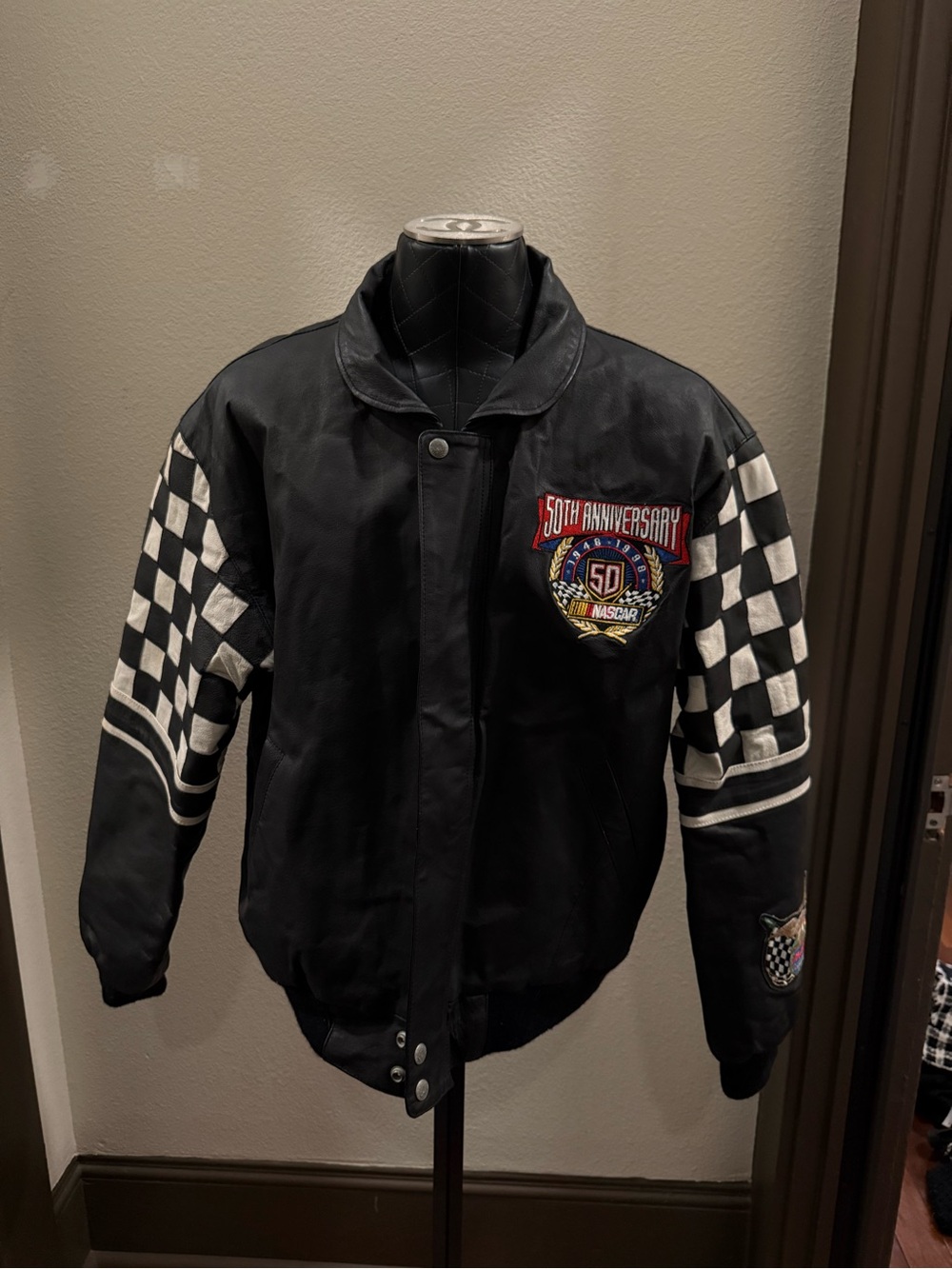 Nascar Black Racing Bomber Jacket with Checkered Sleeve Accents